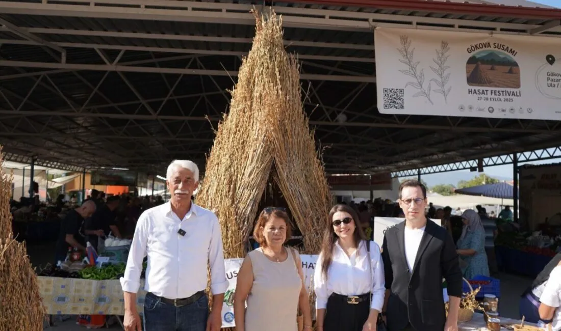 Susam demetinden yapılmış gümülün önünde festival katılımcıları, Gökova Pazaryeri (1. Gökova Susamı Hasat Festivali, 2025)